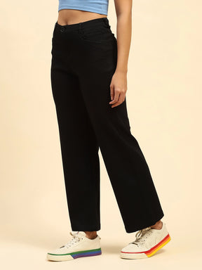 Black Cotton Blend Stretchable Wide Leg Trouser