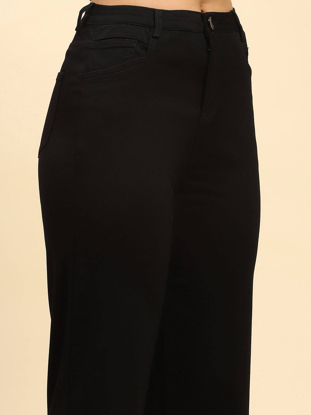 Black Cotton Blend Stretchable Wide Leg Trouser