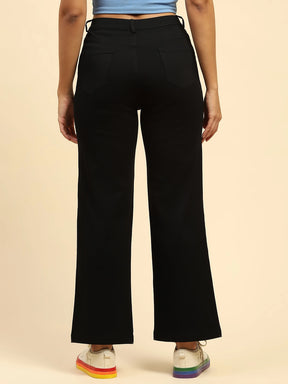 Black Cotton Blend Stretchable Wide Leg Trouser