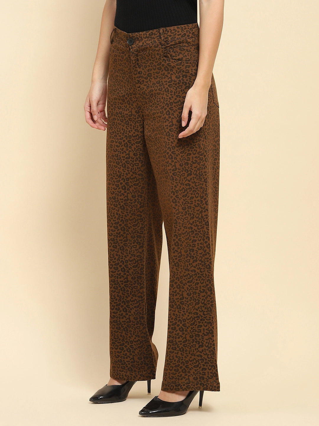 Brown Cotton Blend Animal Print Loose Fit Trouser