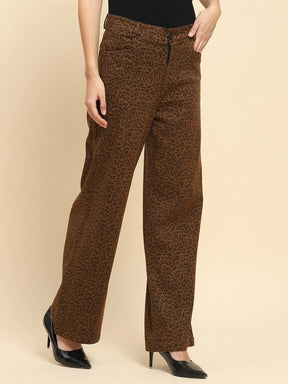 Brown Cotton Blend Animal Print Loose Fit Trouser