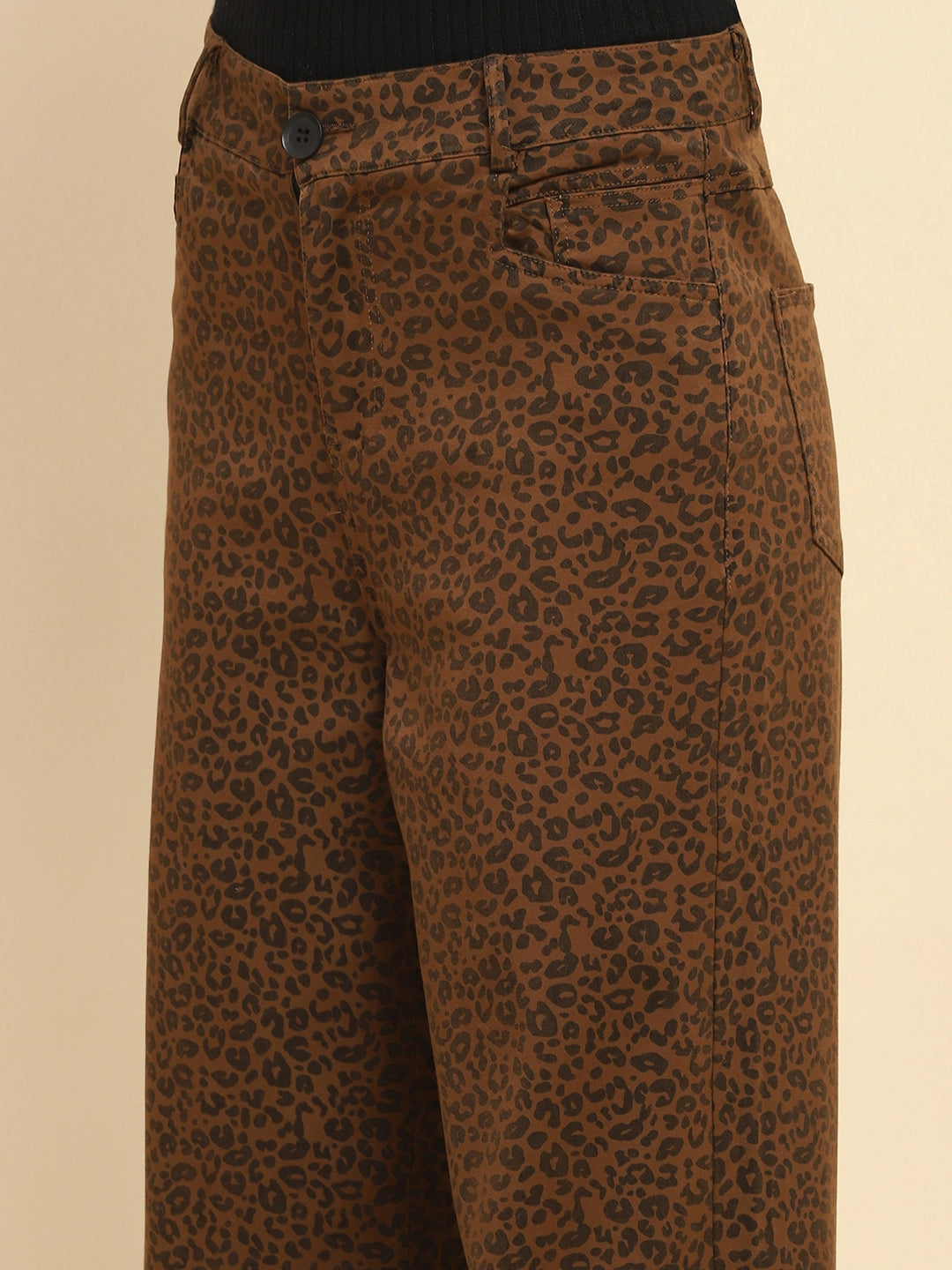 Brown Cotton Blend Animal Print Loose Fit Trouser