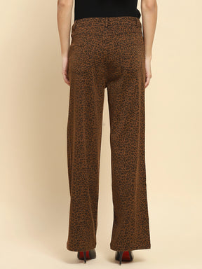 Brown Cotton Blend Animal Print Loose Fit Trouser