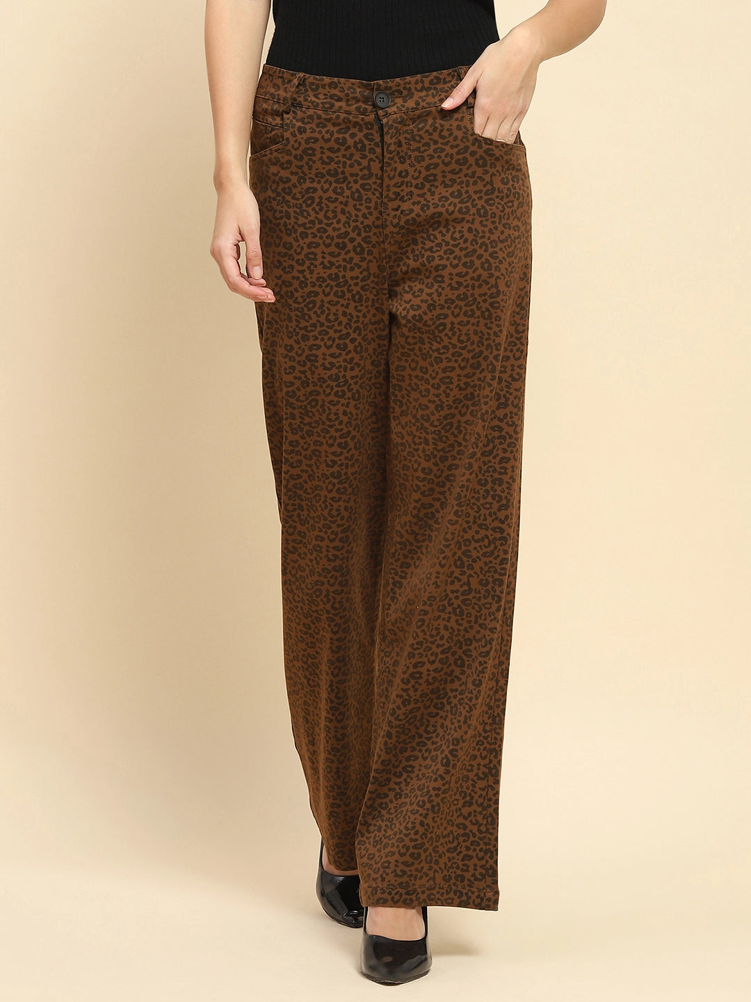 Brown Cotton Blend Animal Print Loose Fit Trouser