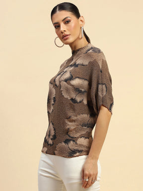 Brown Poly Blend Relaxed Fit Blouson Top For Women