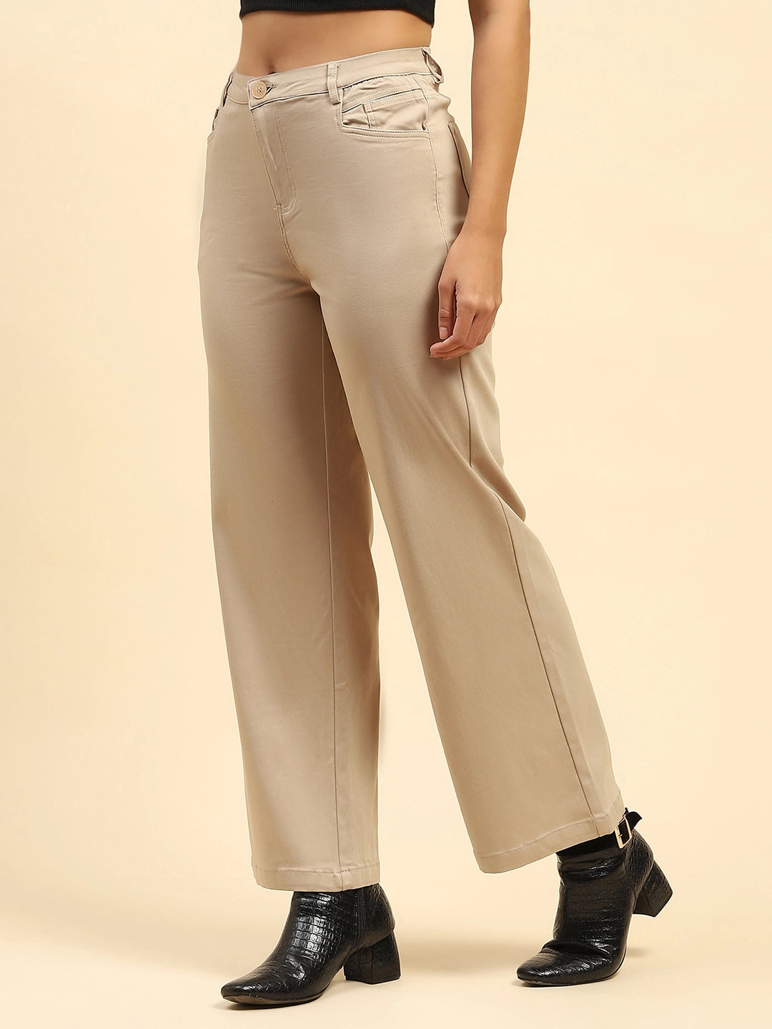 Camel Cotton Blend Stretchable Wide Leg Trouser