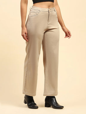 Camel Cotton Blend Stretchable Wide Leg Trouser