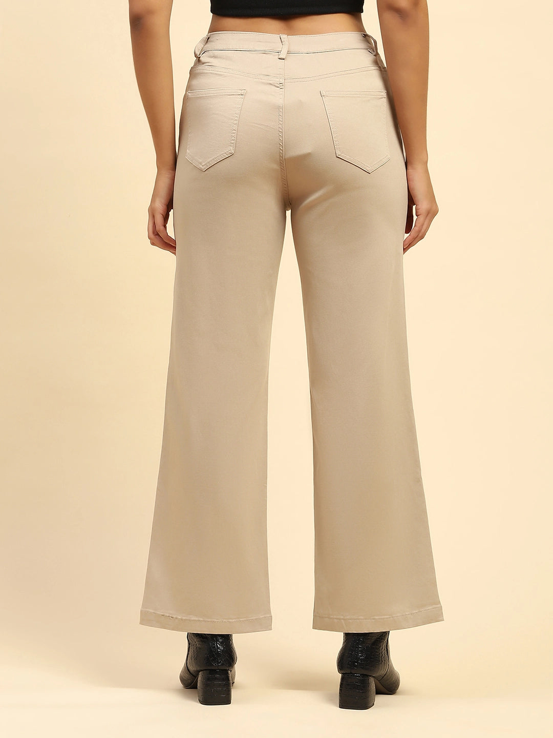 Camel Cotton Blend Stretchable Wide Leg Trouser