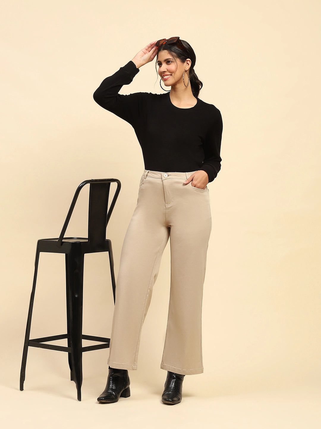 Camel Cotton Blend Stretchable Wide Leg Trouser