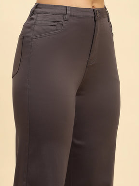 Dark Grey Solid Cotton Blend Straight Fit Trouser