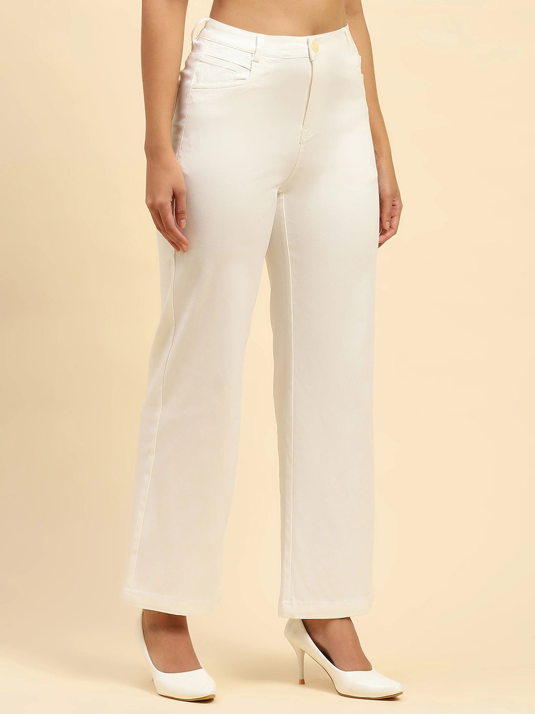 White Solid Cotton Blend Straight Fit Trouser