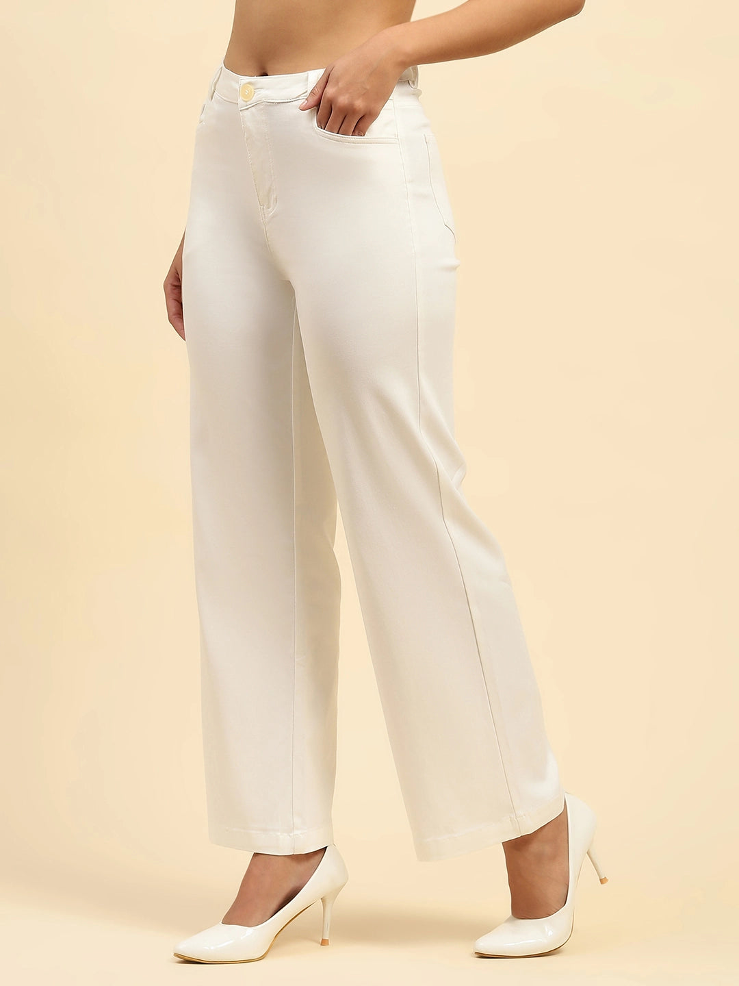 White Solid Cotton Blend Straight Fit Trouser