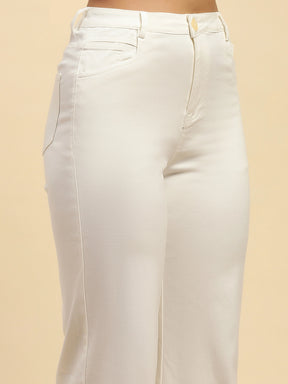 White Solid Cotton Blend Straight Fit Trouser