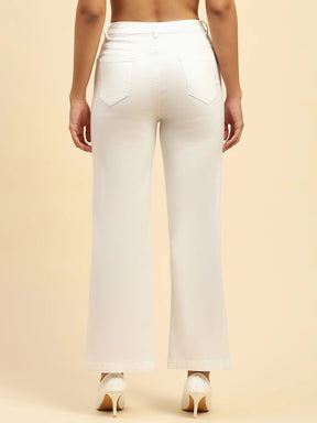 White Solid Cotton Blend Straight Fit Trouser