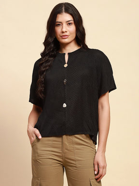 Black Poly Blend Loose Fit Blouson Top For Women