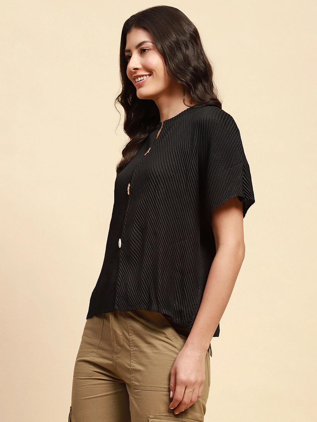 Black Poly Blend Loose Fit Blouson Top For Women