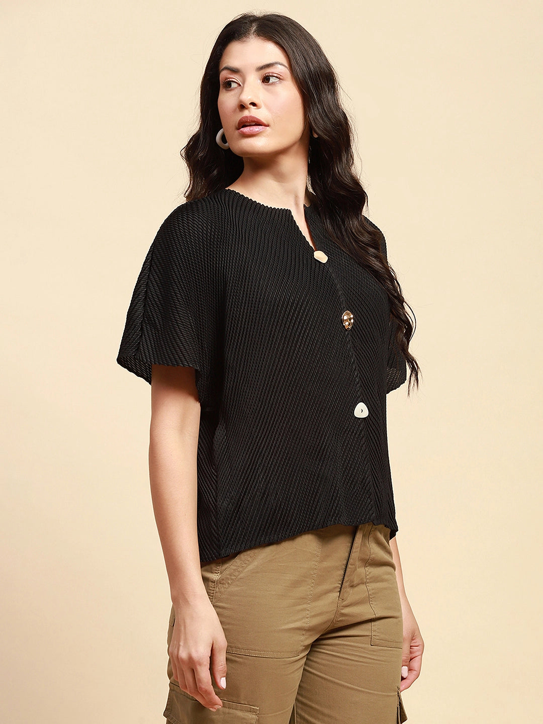 Black Poly Blend Loose Fit Blouson Top For Women