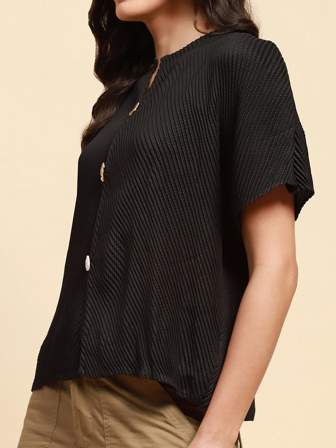 Black Poly Blend Loose Fit Blouson Top For Women