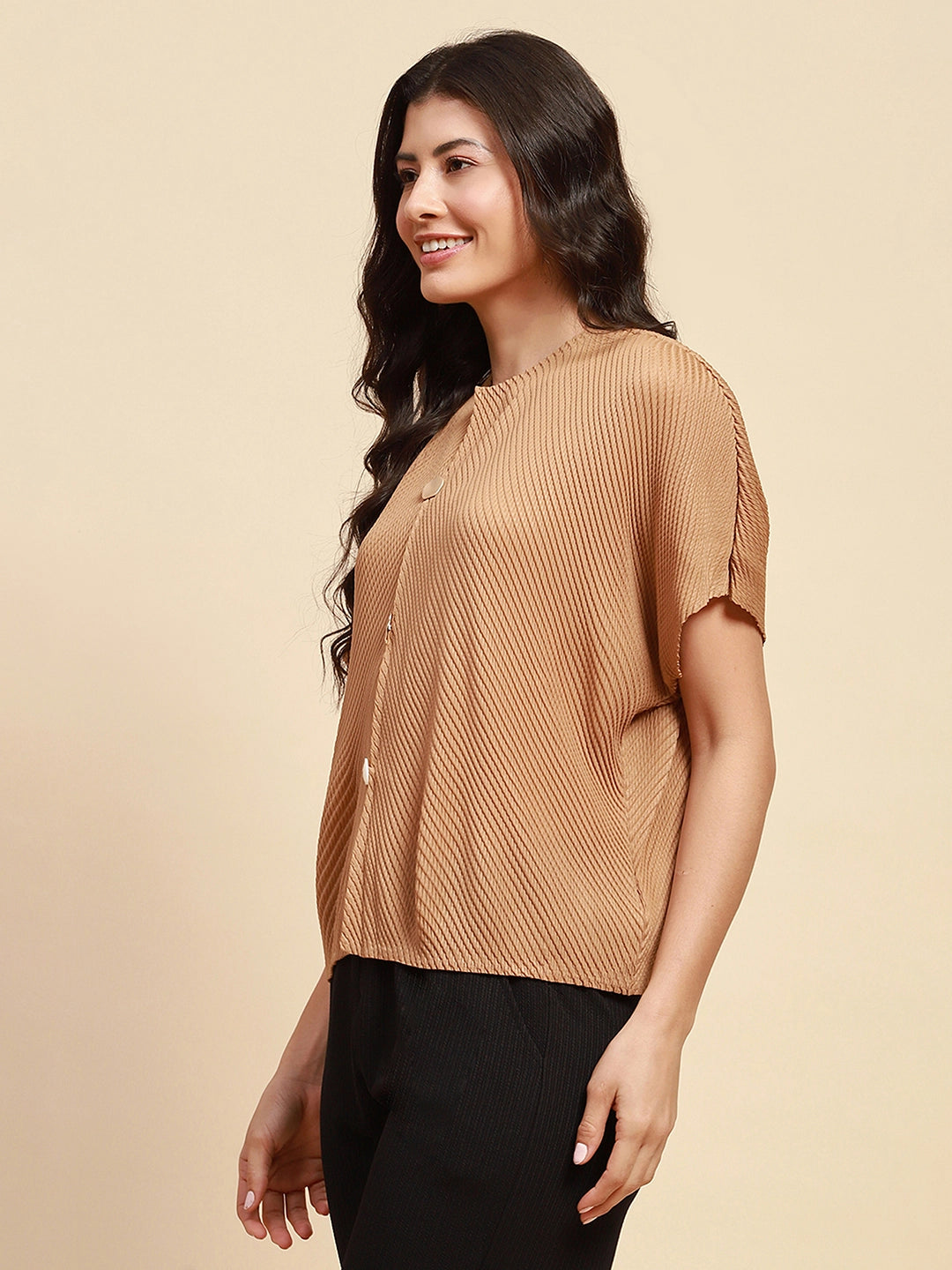 Brown Poly Blend Loose Fit Blouson Top For Women