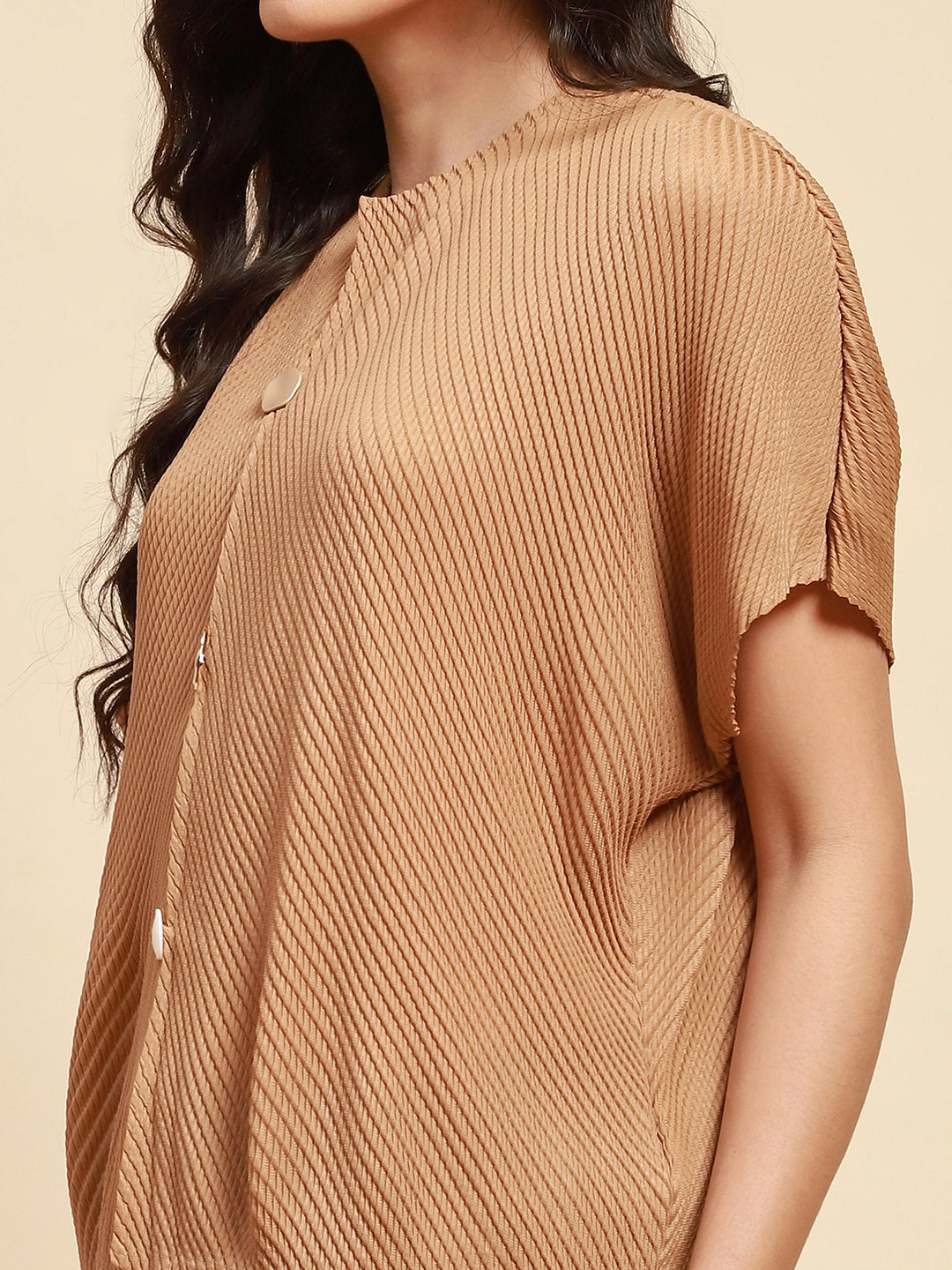 Brown Poly Blend Loose Fit Blouson Top For Women