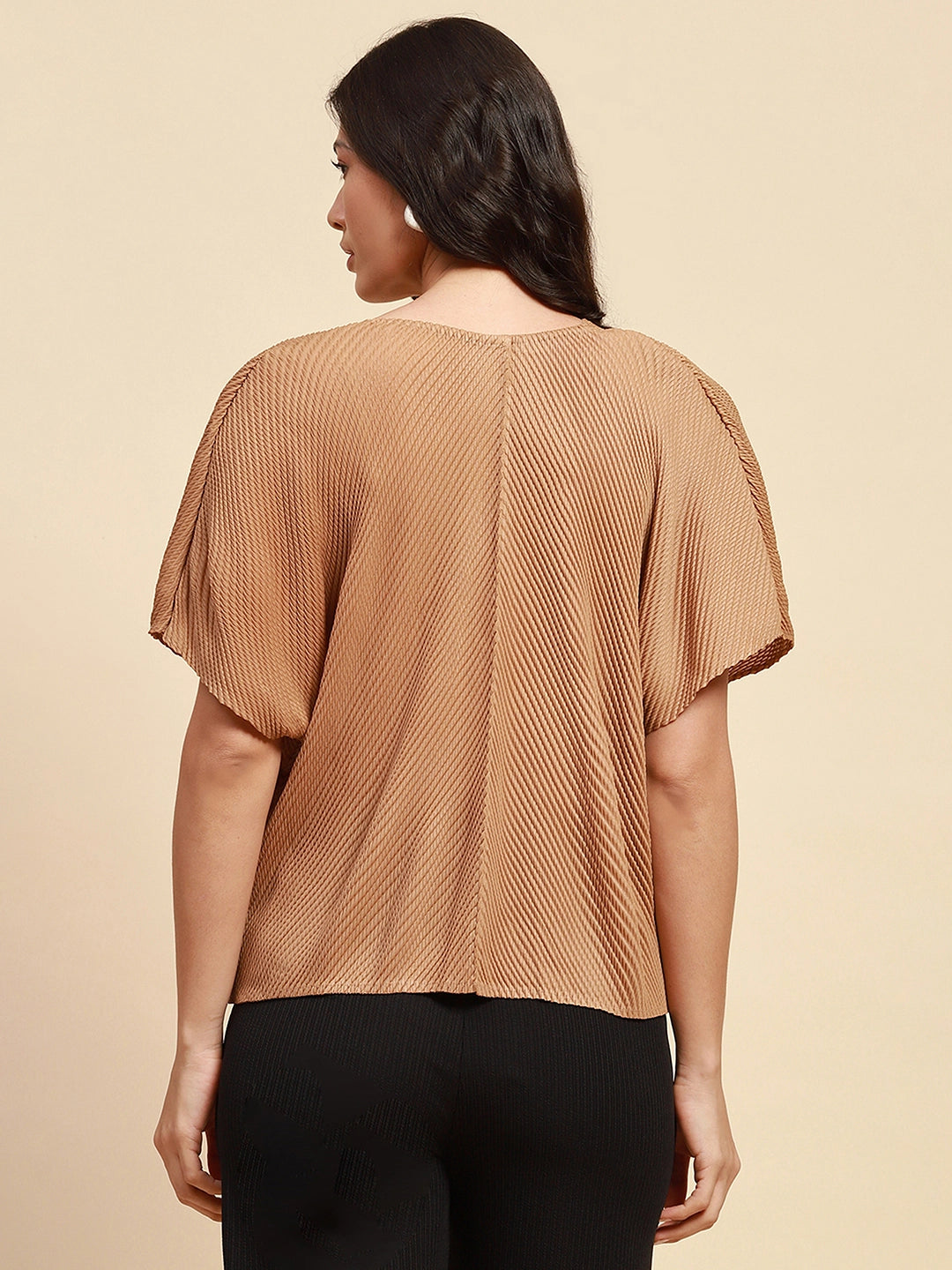 Brown Poly Blend Loose Fit Blouson Top For Women