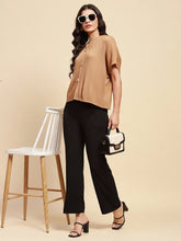 Brown Poly Blend Loose Fit Blouson Top For Women