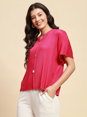 Hot Pink Poly Blend Loose Fit Blouson Top For Women