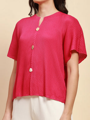 Hot Pink Poly Blend Loose Fit Blouson Top For Women