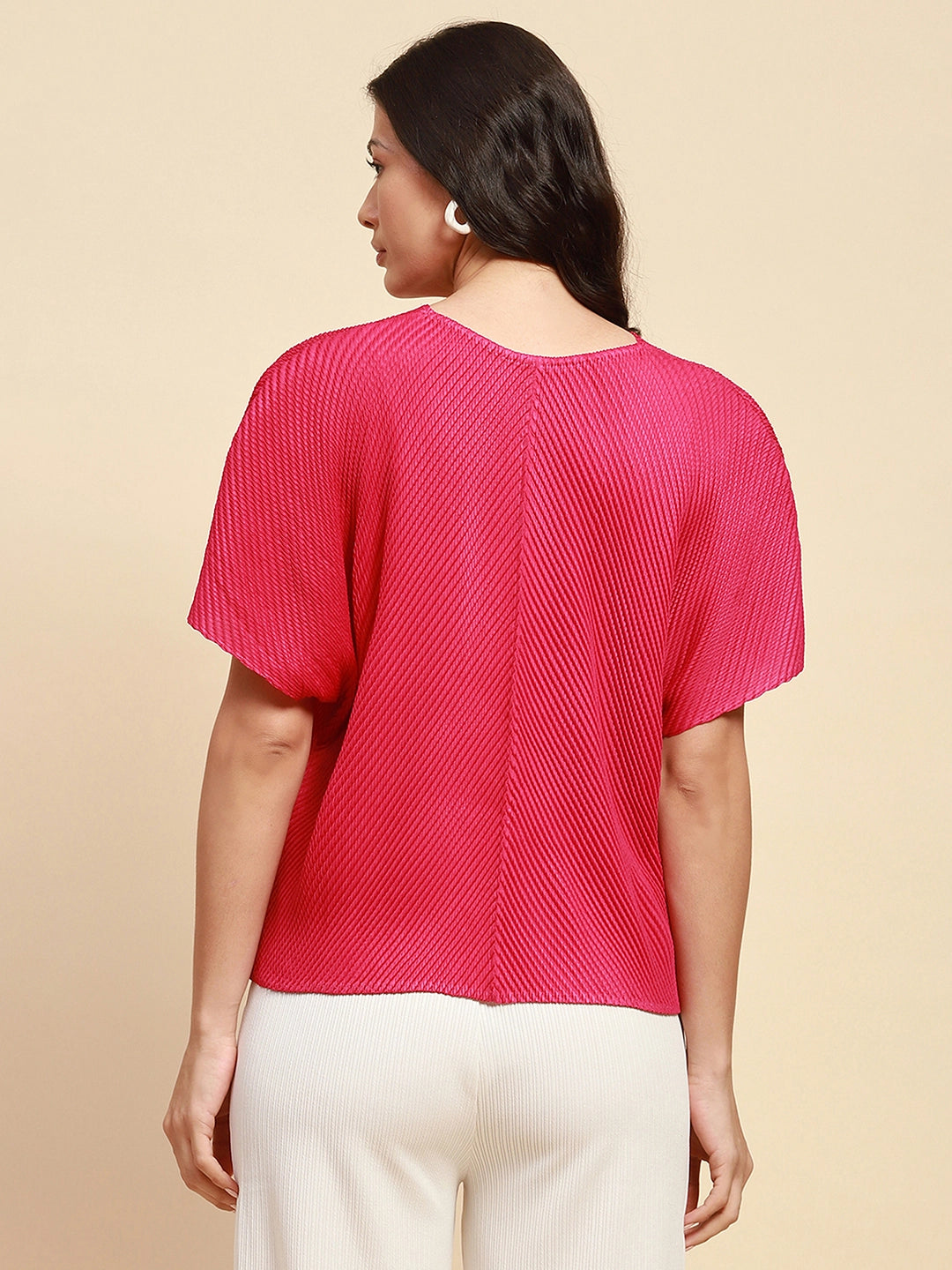 Hot Pink Poly Blend Loose Fit Blouson Top For Women