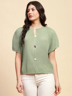 Mint Green Poly Blend Loose Fit Blouson Top For Women