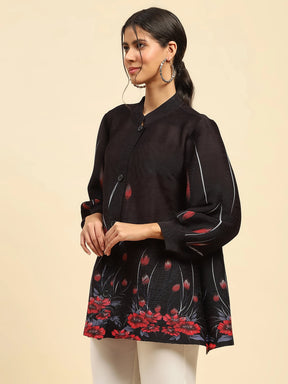 Black Floral Print Poly Blend Loose Fit Shirt