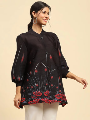 Black Floral Print Poly Blend Loose Fit Shirt