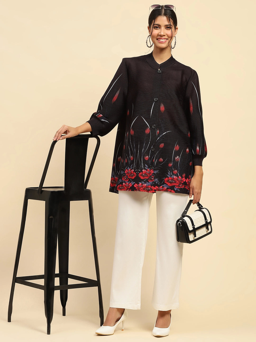 Black Floral Print Poly Blend Loose Fit Shirt