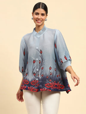 Blue Floral Print Poly Blend Loose Fit Shirt