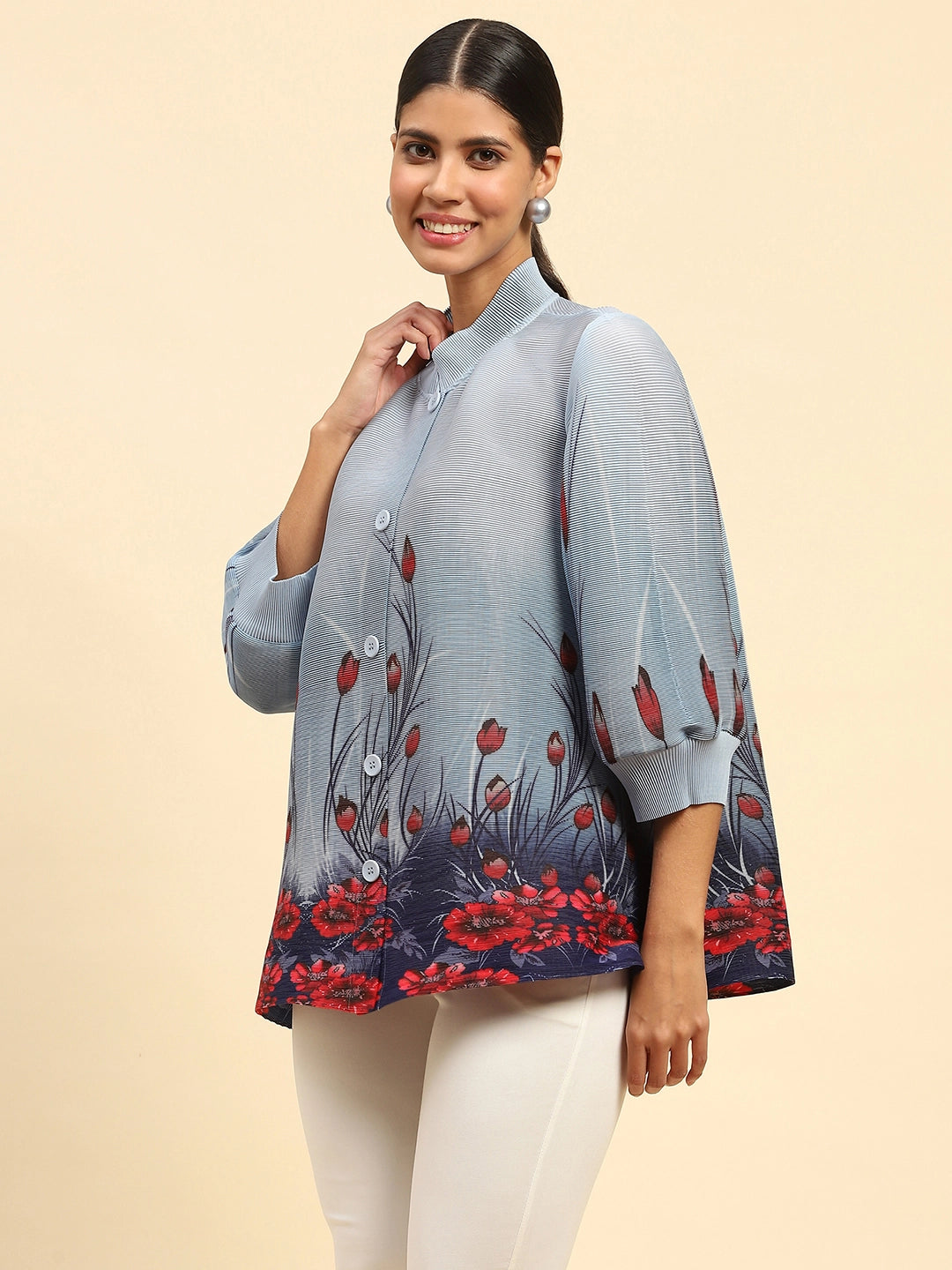 Blue Floral Print Poly Blend Loose Fit Shirt