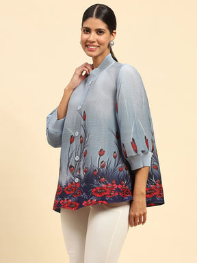 Blue Floral Print Poly Blend Loose Fit Shirt