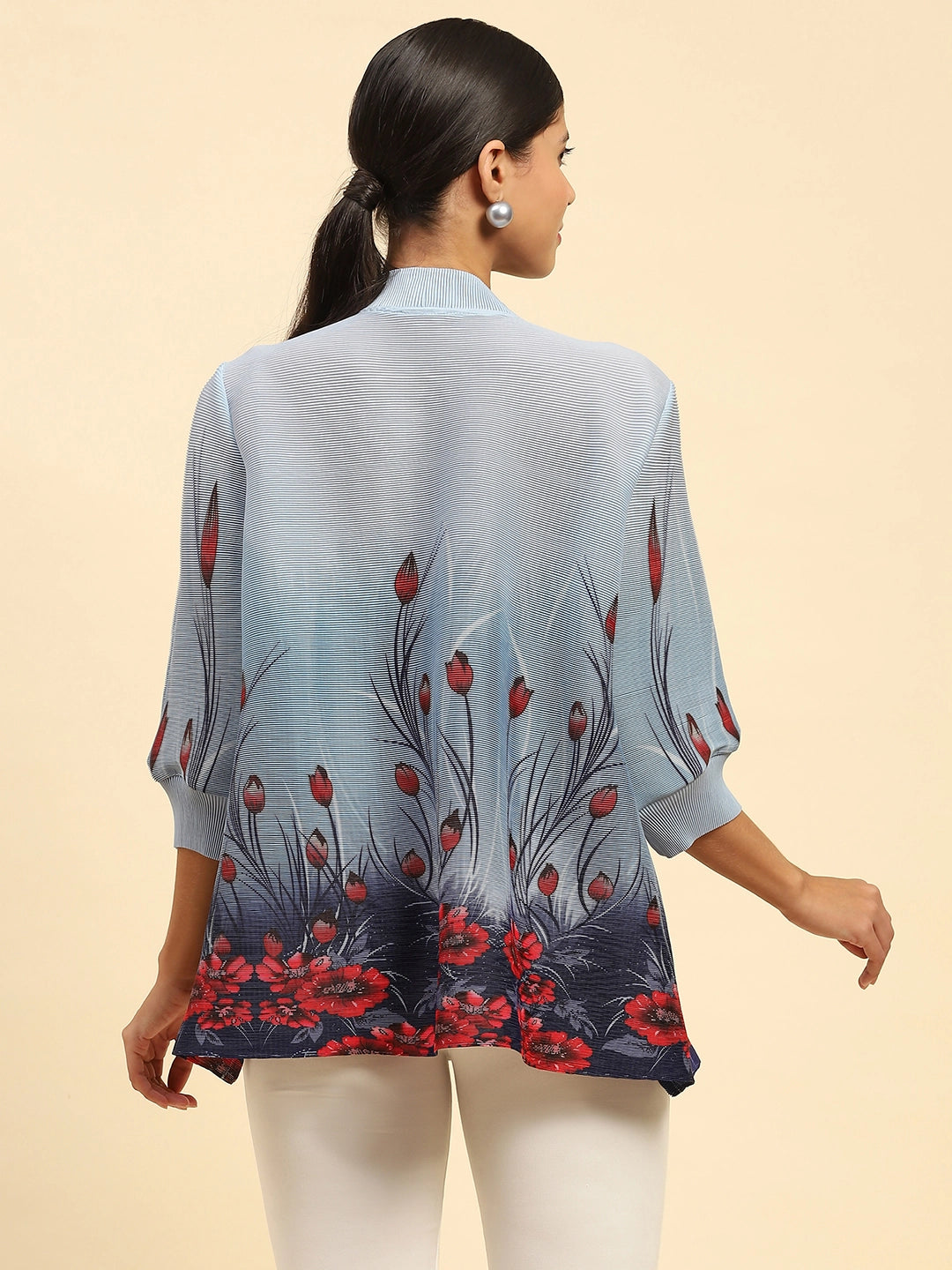 Blue Floral Print Poly Blend Loose Fit Shirt