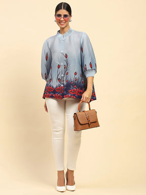 Blue Floral Print Poly Blend Loose Fit Shirt