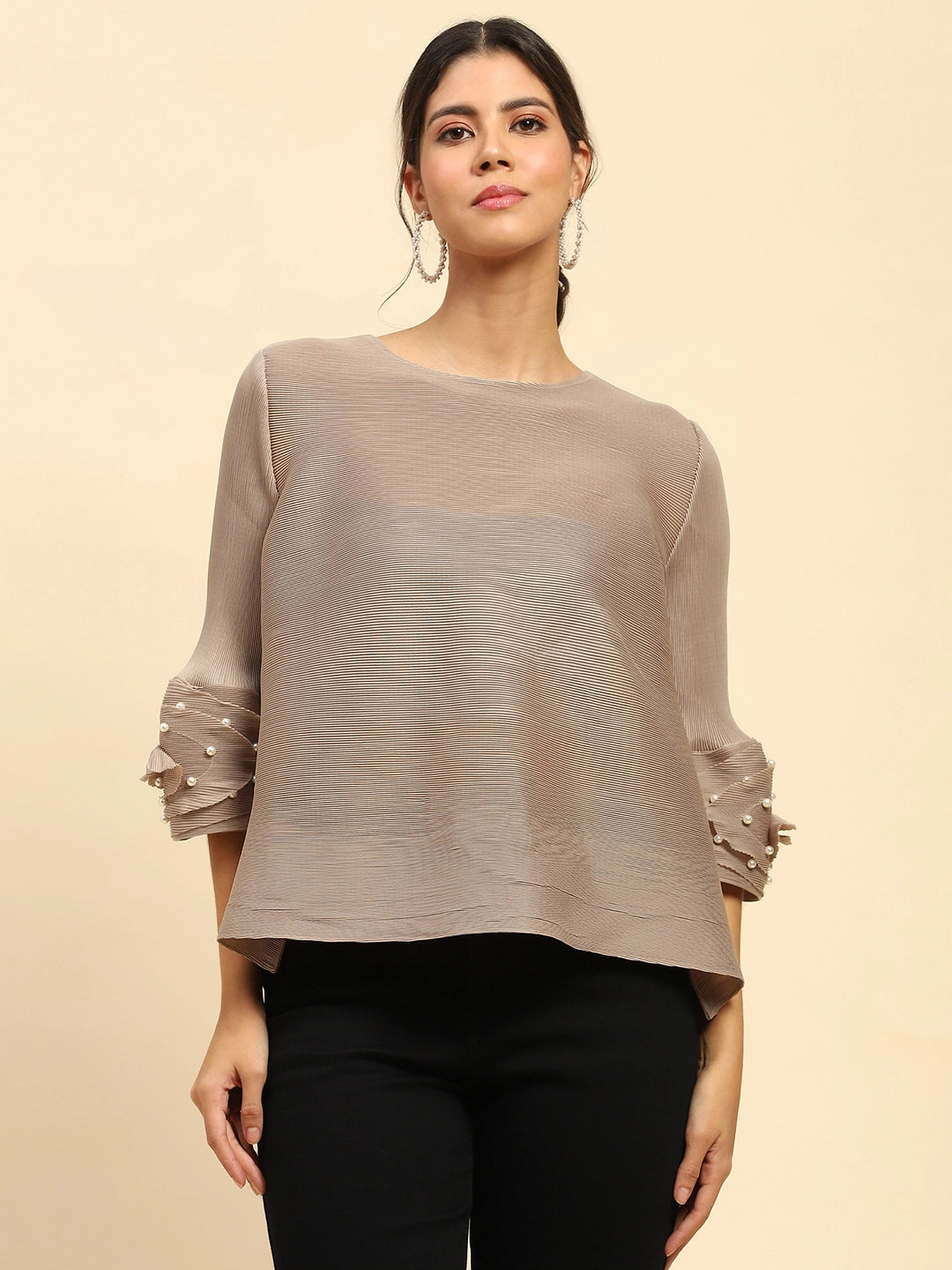 Beige Solid Poly Blend Loose Fit Blouse