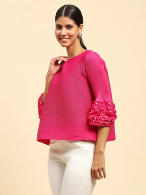 Fuchsia Solid Poly Blend Loose Fit Blouse