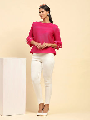 Fuchsia Solid Poly Blend Loose Fit Blouse