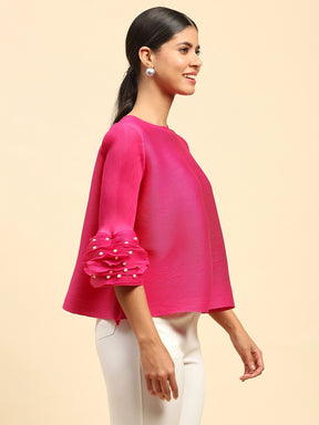 Fuchsia Solid Poly Blend Loose Fit Blouse