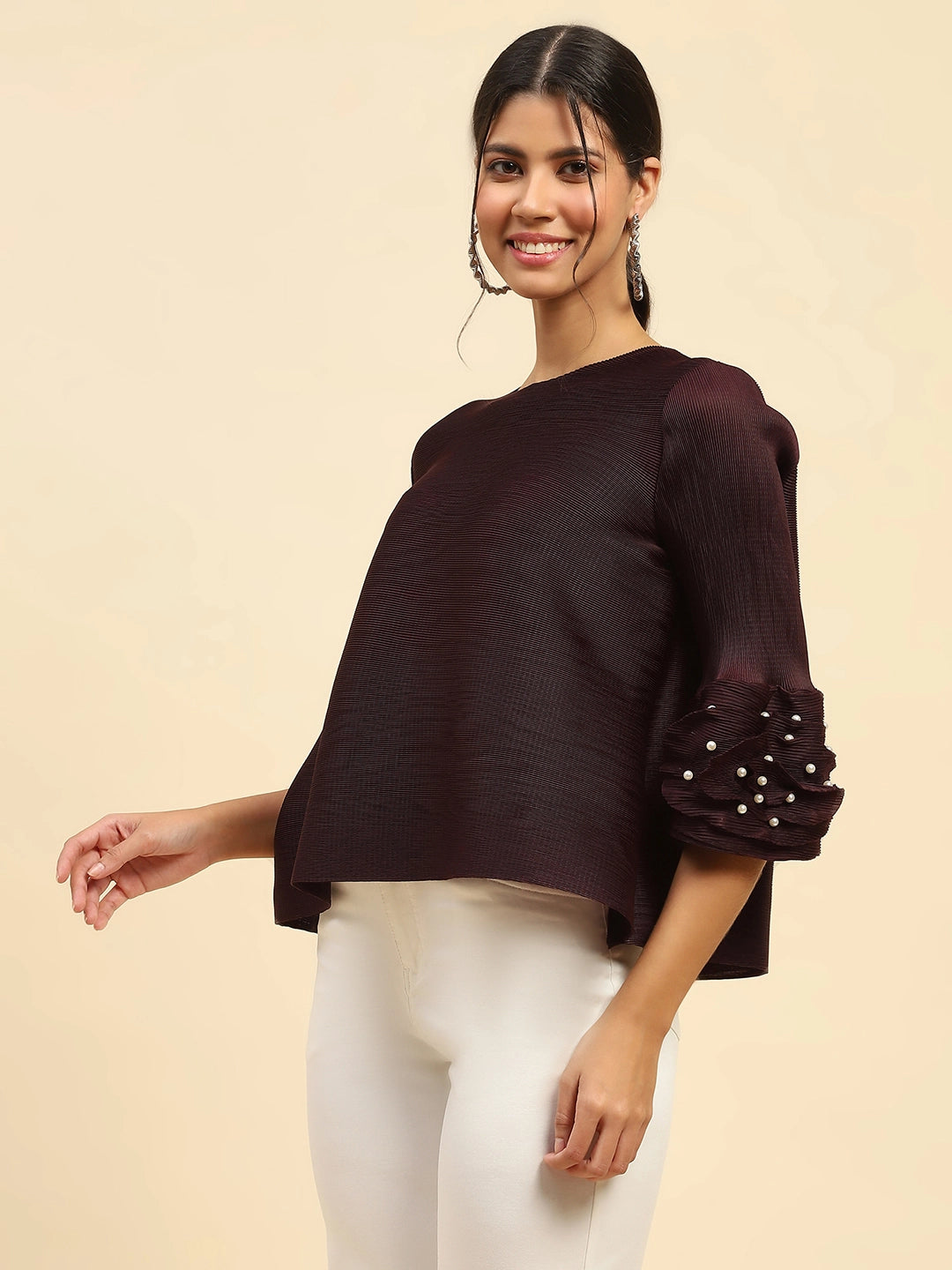 Wine Solid Poly Blend Loose Fit Blouse