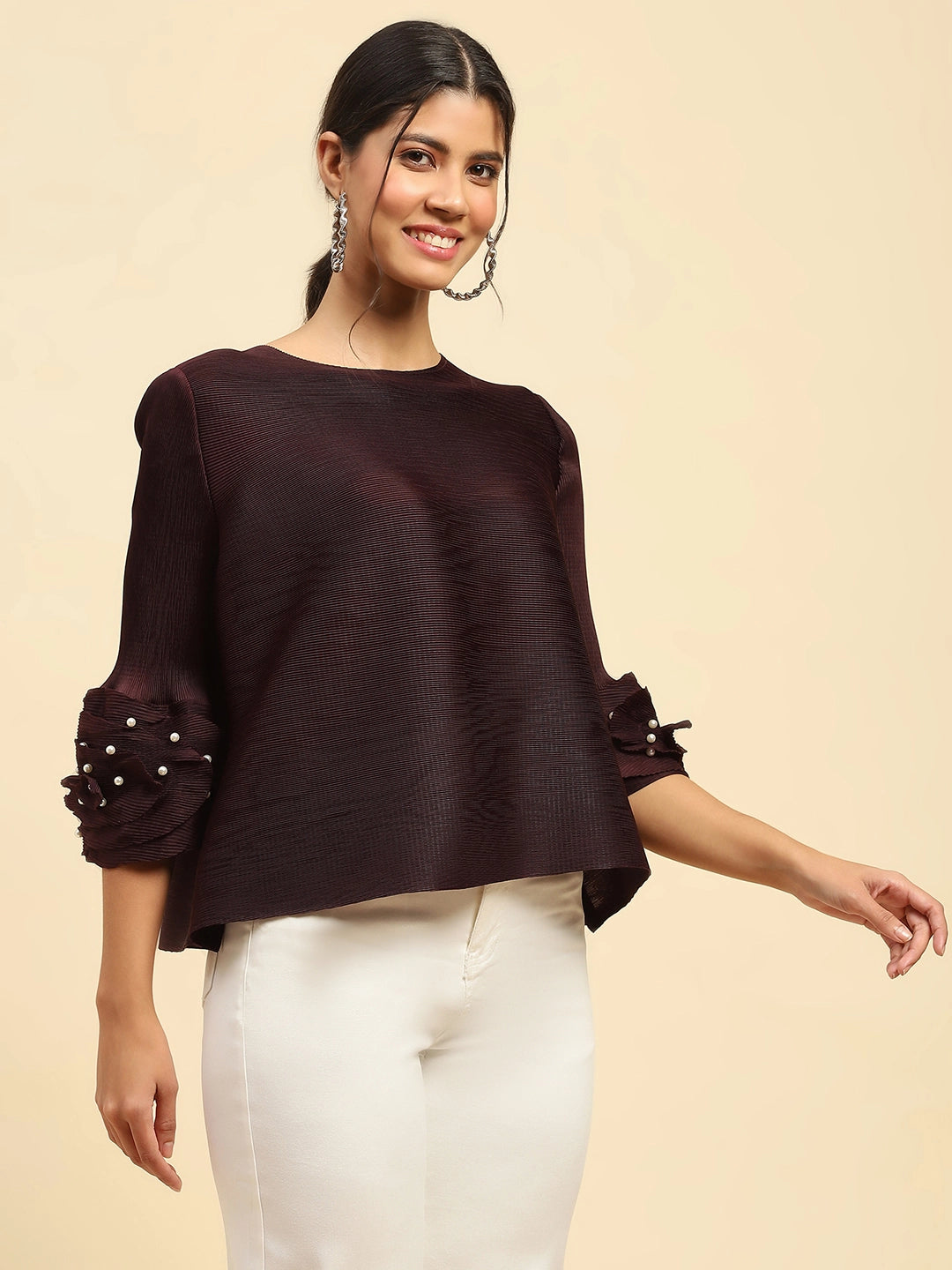 Wine Solid Poly Blend Loose Fit Blouse