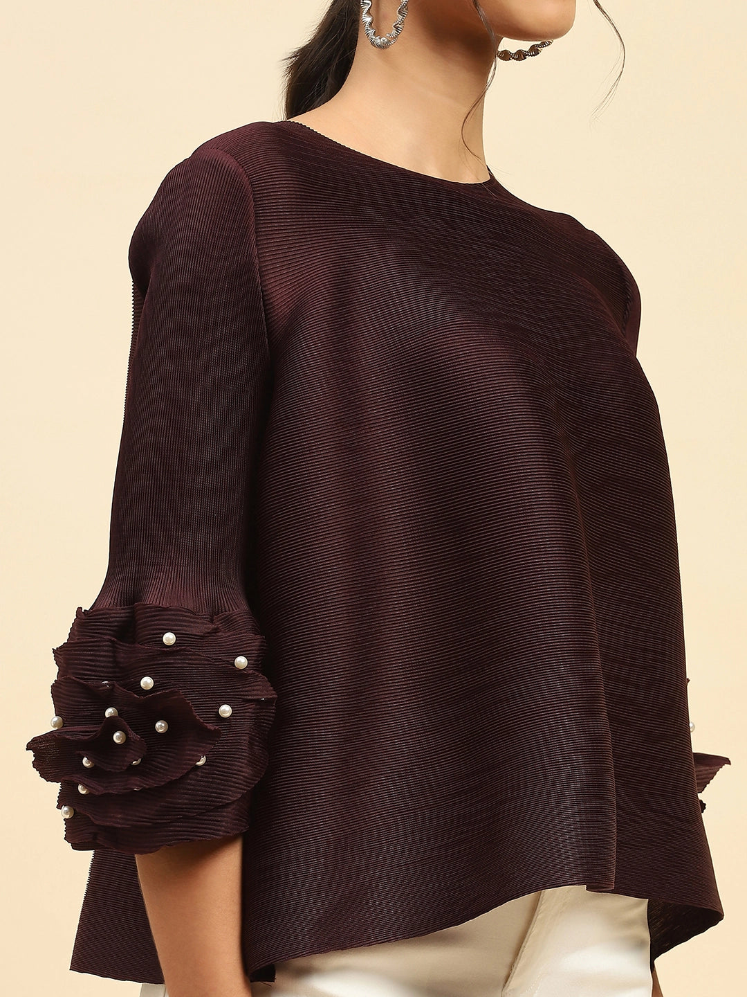 Wine Solid Poly Blend Loose Fit Blouse