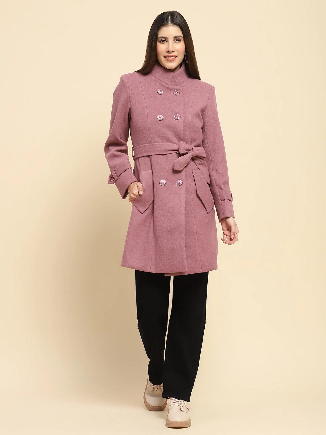 Falsa Poly Blend Solid Regular Fit Long Coat For Winter