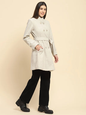 Beige Poly Blend Solid Regular Fit Long Coat For Winter