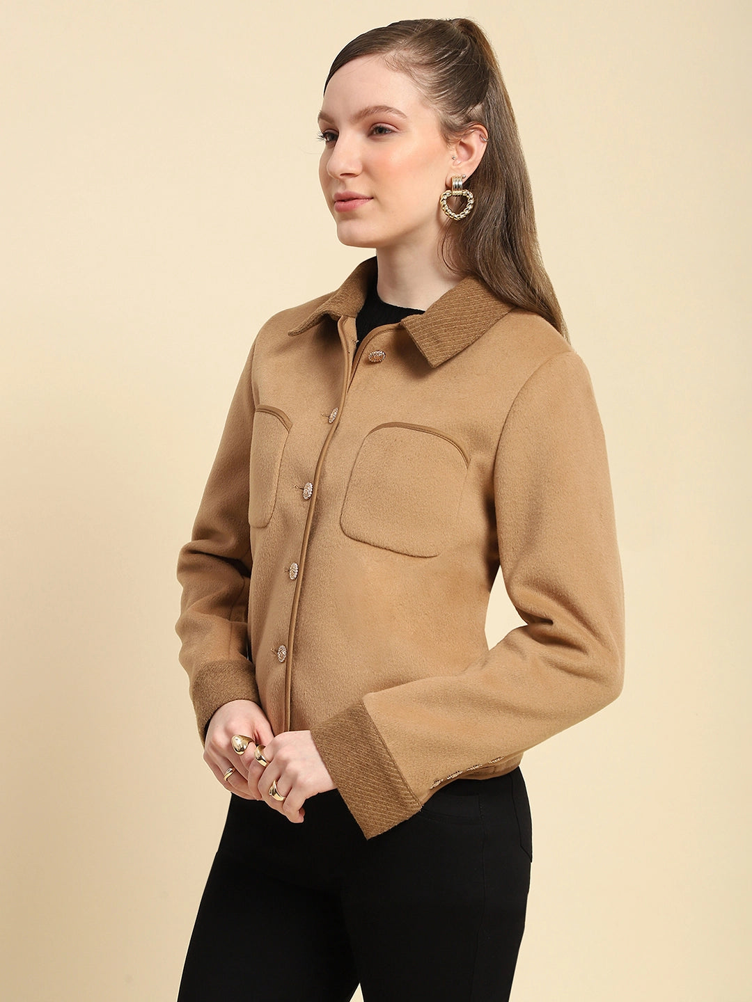 Camel Solid Poly Viscose Regular Fit Coat