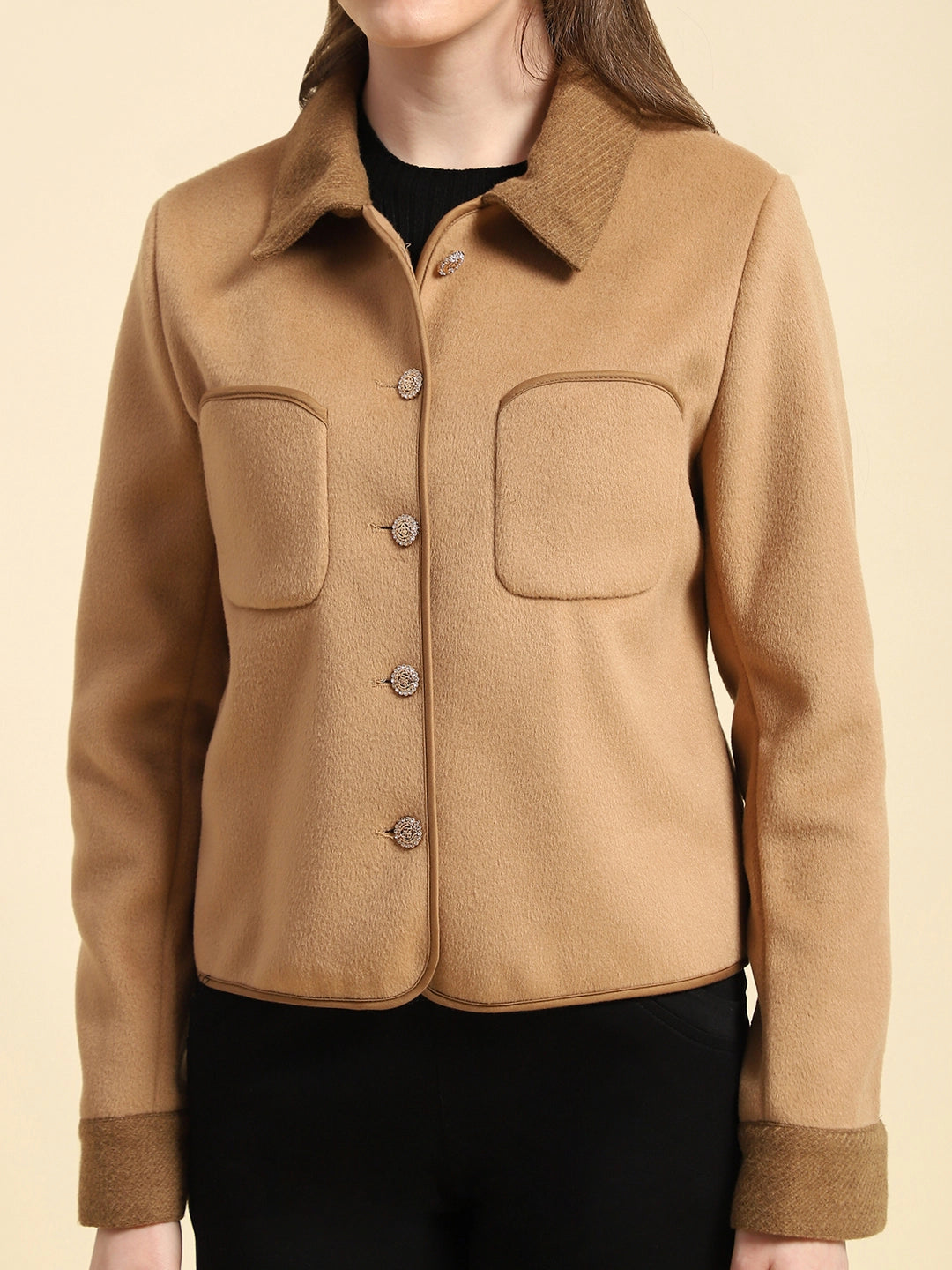 Camel Solid Poly Viscose Regular Fit Coat