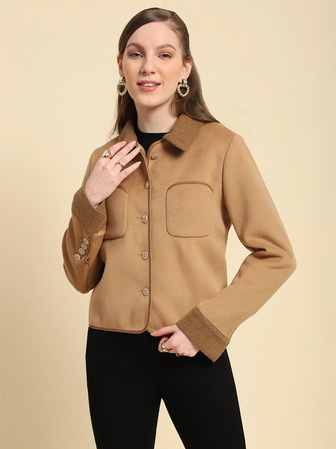 Camel Solid Poly Viscose Regular Fit Coat